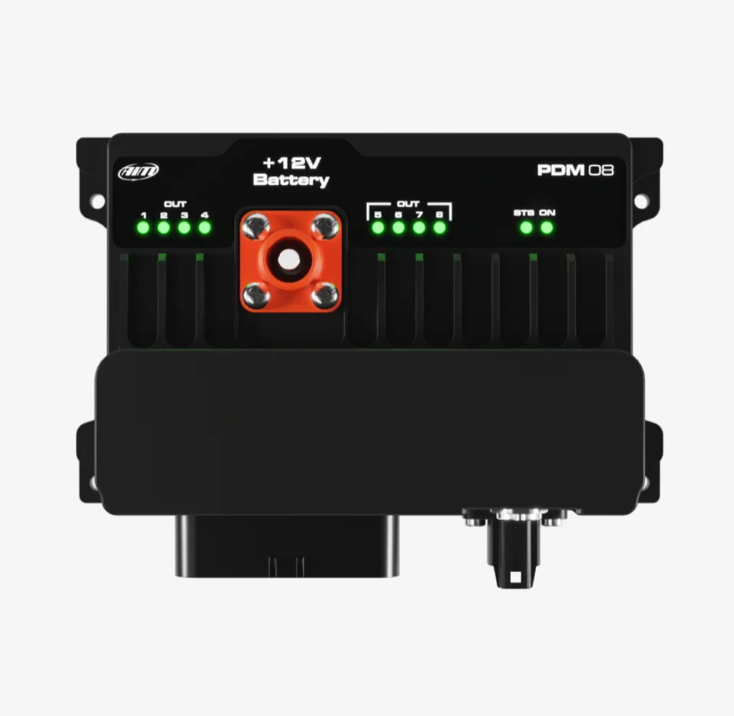 AiM PDM08 電源分配模組正面,8 通道高邊輸出與 +12V 電池端子
