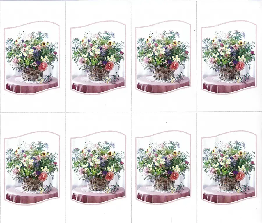 Prayer Cards-- Eight floral arrangements in baskets on a pink table.