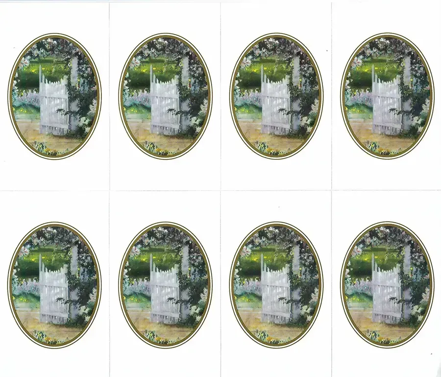 Prayer Cards-- Eight oval-framed paintings of a white trellis and overgrown foliage.