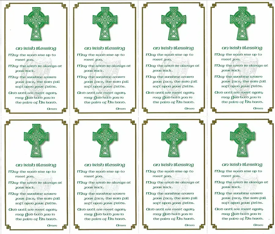 Prayer Cards-- Eight green Celtic blessing cards, each with a Celtic cross and a prayer, on a white background.