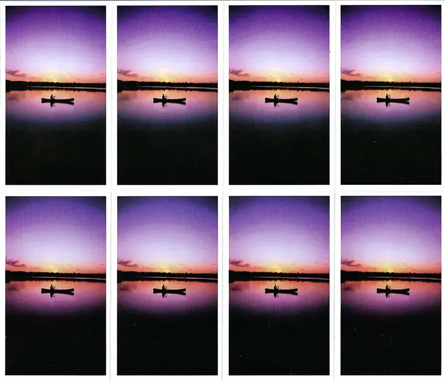 Prayer Cards-- Eight panels: Silhouette of a boat on calm water reflecting sunset colors: purple, orange, and black.