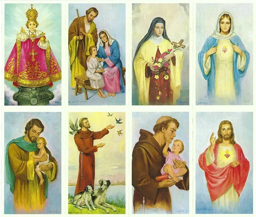 Prayer Cards-- Eight religious icons, including Jesus, Mary, and saints, in a colorful, illustrative style.