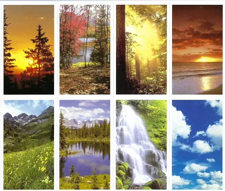 Prayer Cards-- A collage of nature scenes: sunset, forest, beach, mountains, waterfall, and sky.