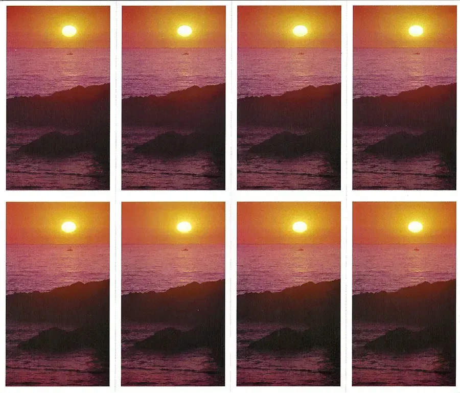 Prayer Cards-- Sunset over the ocean with the sun reflecting on the water, waves crashing, and dark silhouettes.