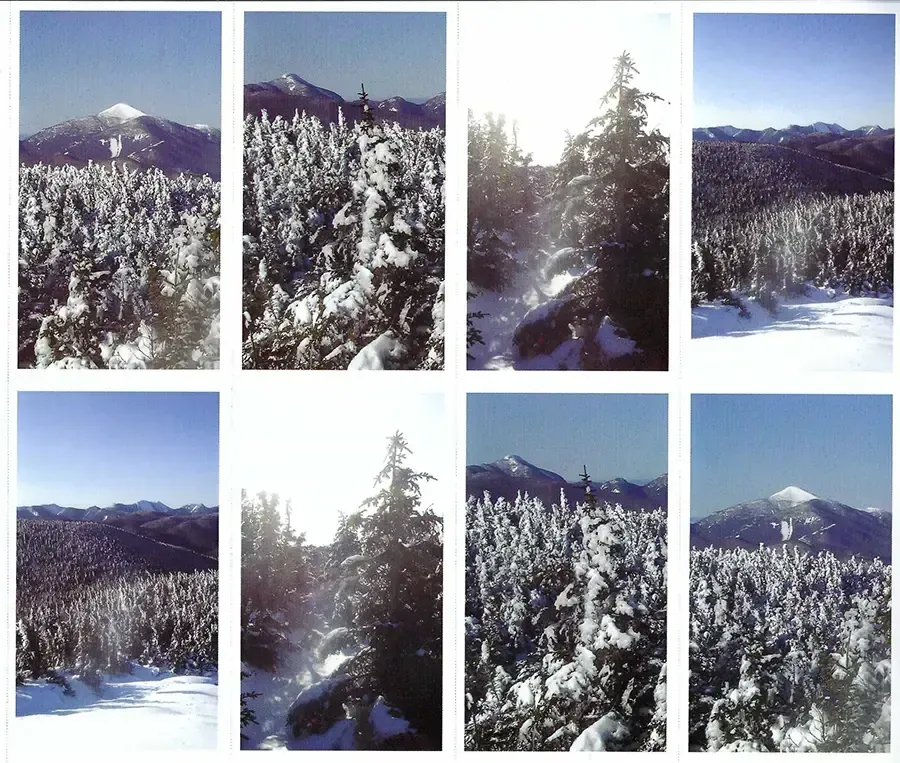 Prayer Cards-- Eight winter landscape views with snow-covered trees and distant mountains.