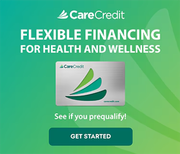 CareCredit ad: gray card, green/teal logo, text 