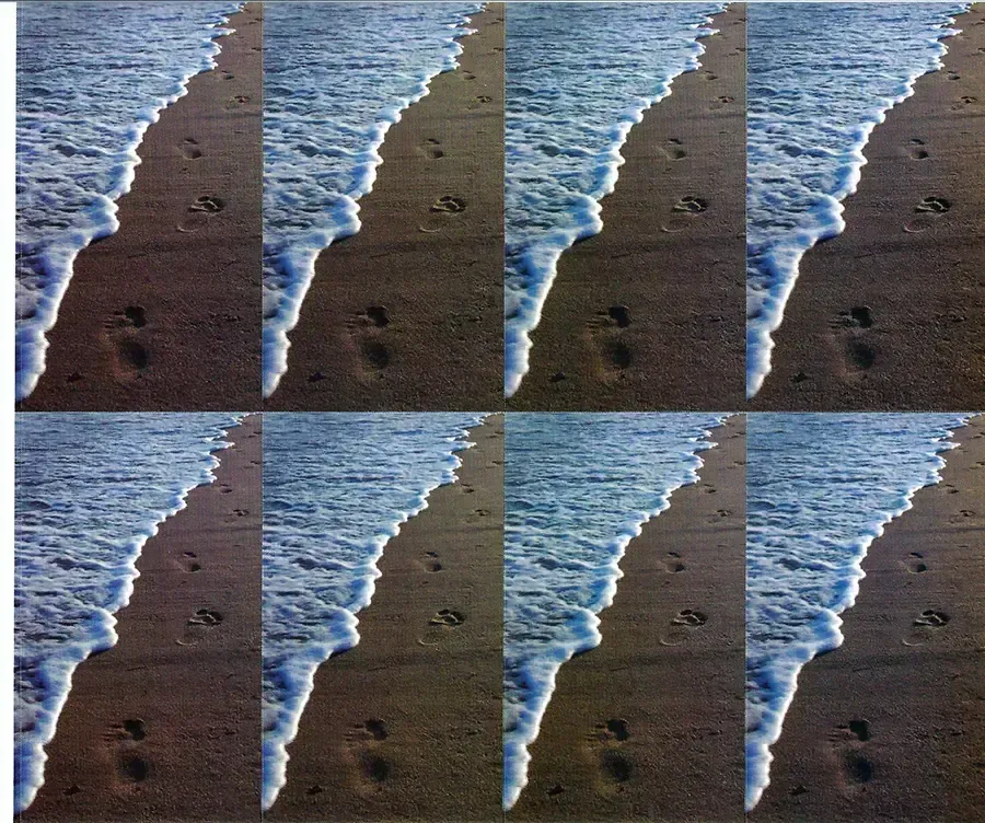 Prayer Cards-- Waves washing onto a sandy beach; footprints in the sand.