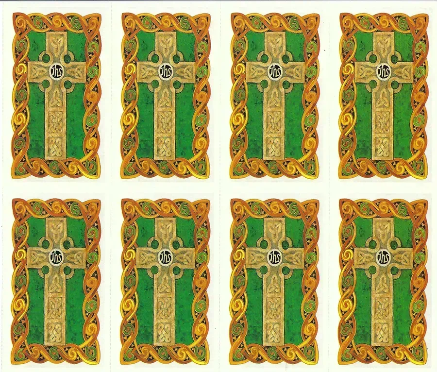 Prayer Cards-- Eight Celtic crosses with green backgrounds and ornate gold and brown borders.