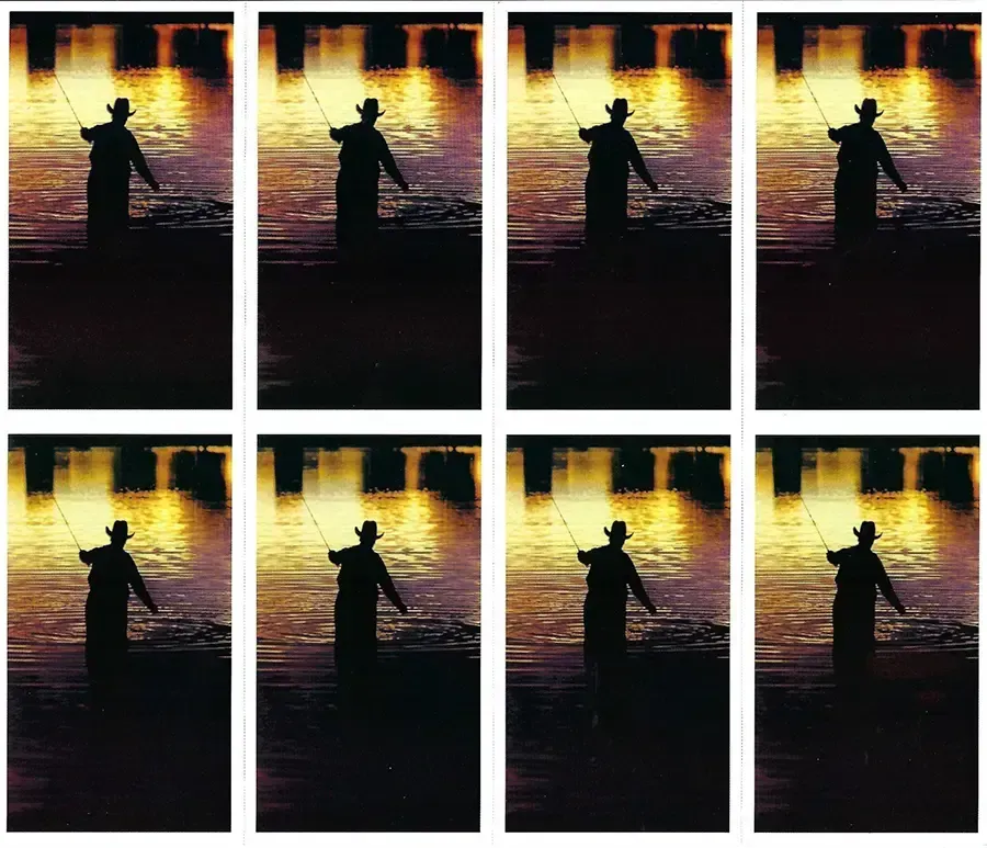Prayer Cards-- Fisherman silhouette casting a line into water, golden sunset.