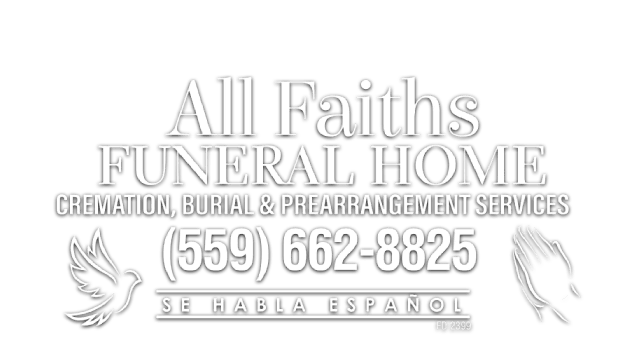 All Faiths Funeral Home logo with phone number, doves, and Spanish text on white background