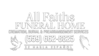 All Faiths Funeral Home logo with phone number, doves, and Spanish text on white background