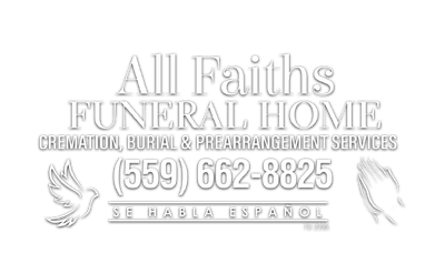 All Faiths Funeral Home logo with phone number, doves, and Spanish text on white background