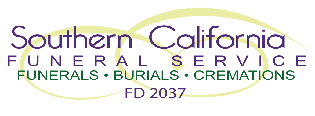 Logo for Southern California Funeral Service, with purple and green text on a light background.