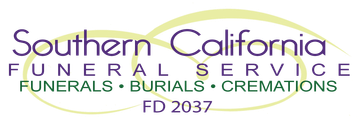 Logo for Southern California Funeral Service, with purple and green text on a light background.