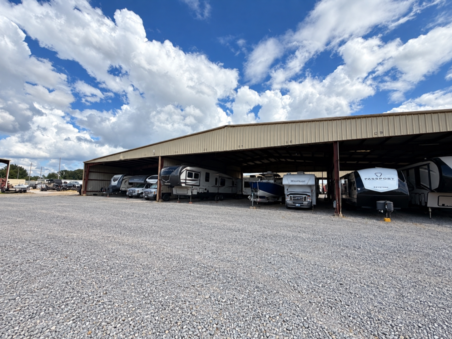 Covered RV and boat storage at Wildman Warehouse in Youngsville, Louisiana