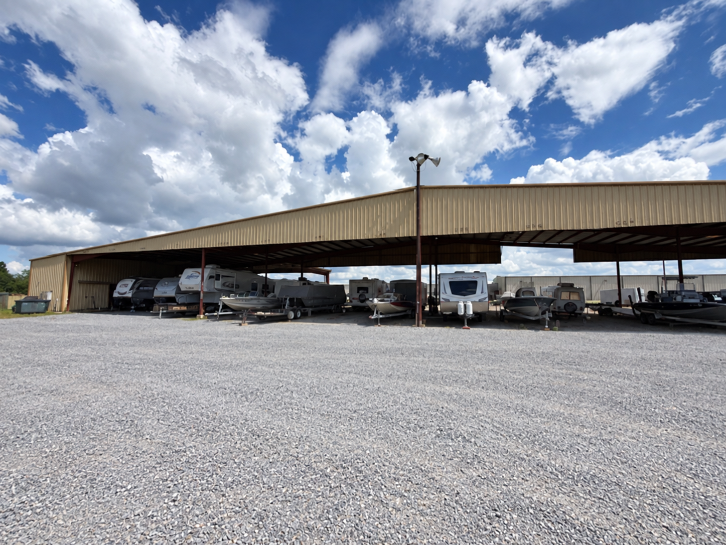 Covered bays for RV and boat storage at Wildman Warehouse