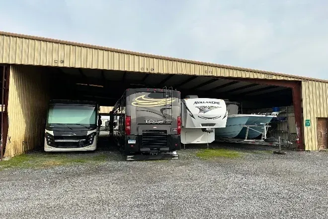 Numbered covered RV and boat storage bays