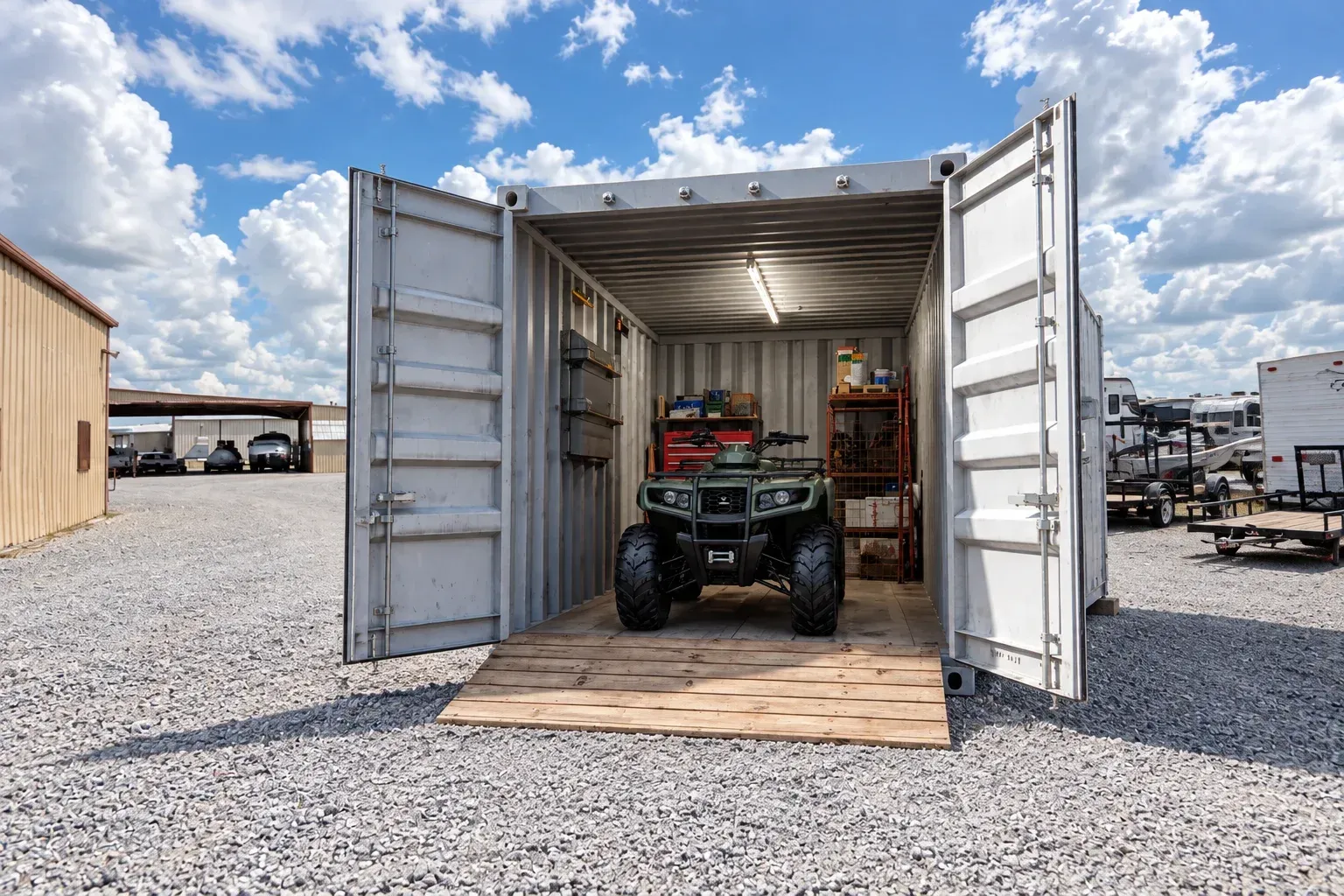 Illustrative composite of a green ATV parked in an open container in the Wildman Warehouse gravel yard