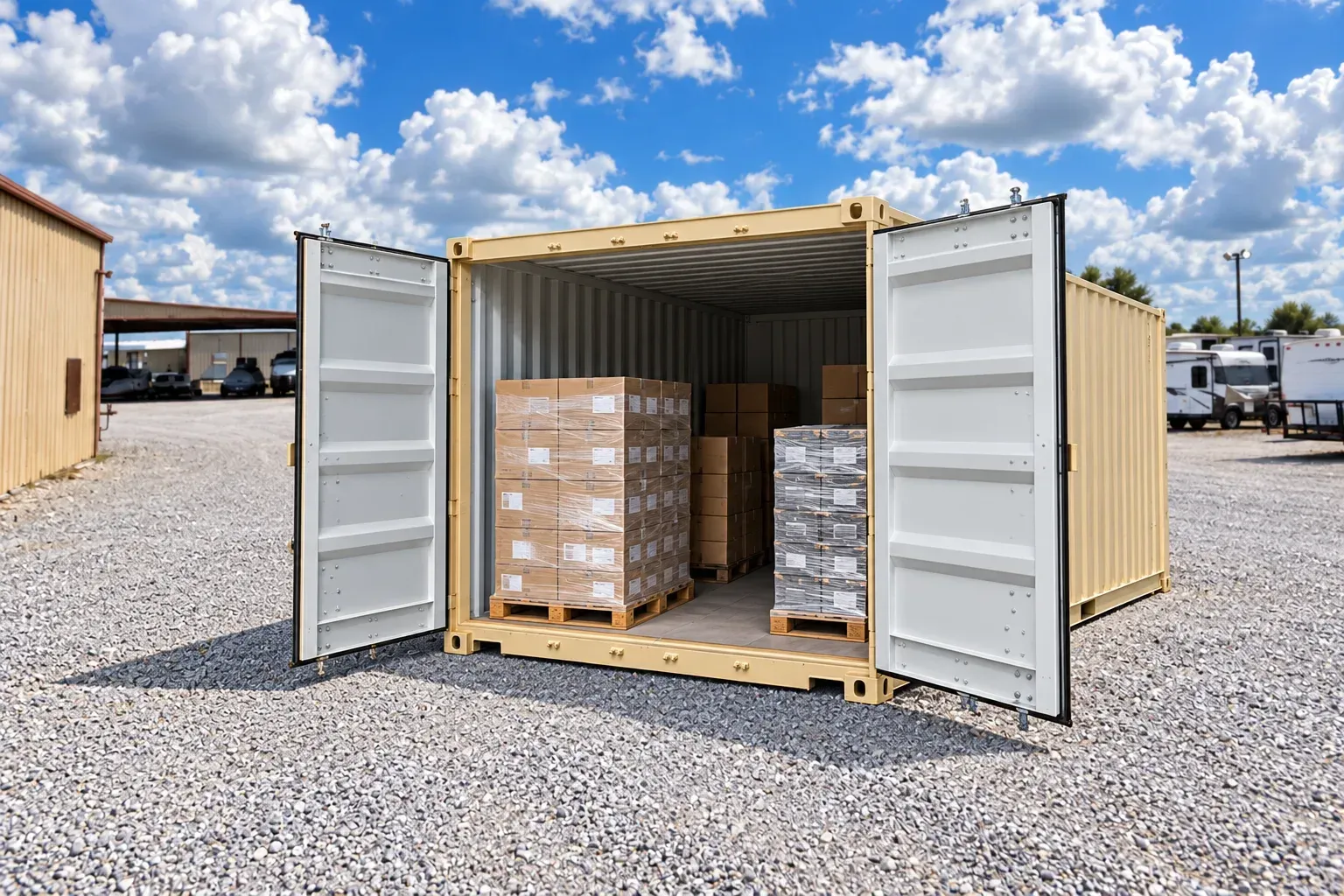 Illustrative composite of packaged inventory stored inside an open container in the Wildman Warehouse gravel yard