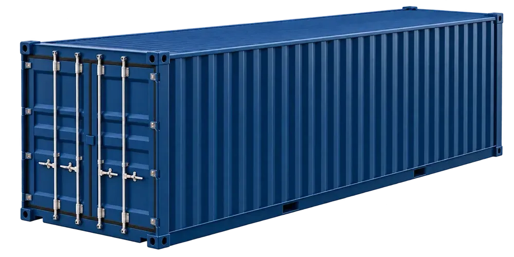 Illustrative navy 40-foot High Cube container with taller side walls and closed double doors