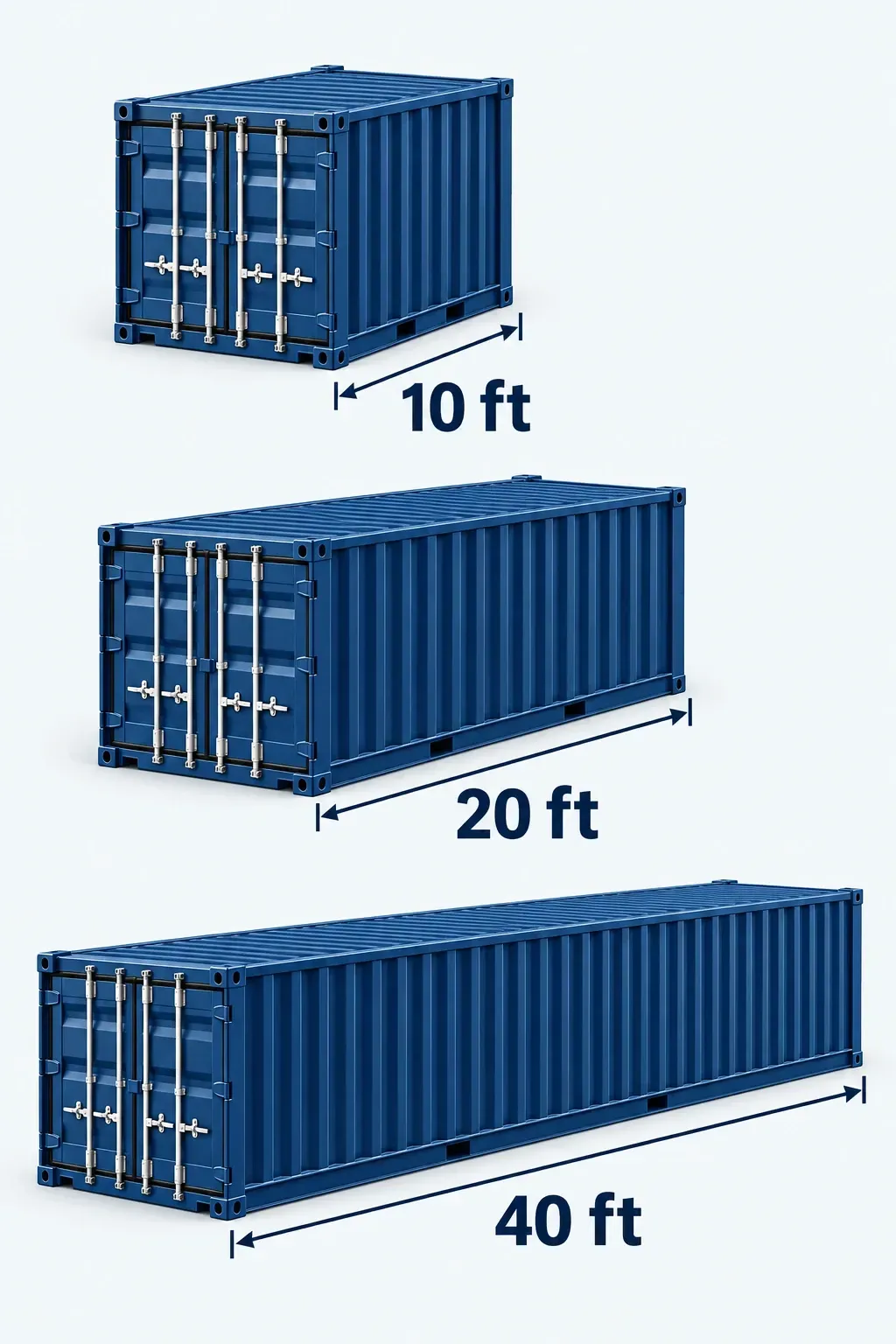 Three navy blue shipping containers with clear length arrows labeled 10 ft, 20 ft and 40 ft