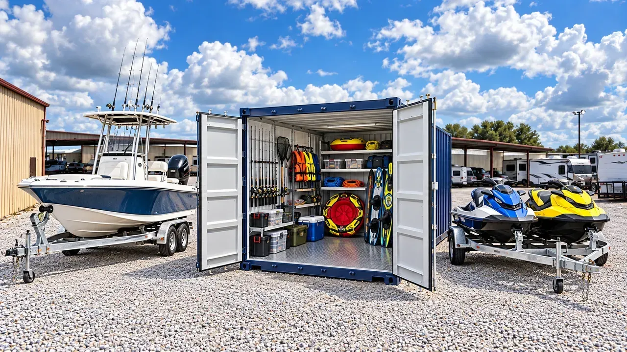 Illustrative fishing setup with a boat on its trailer, two jet skis and an open container of rods, life jackets, skis and towables