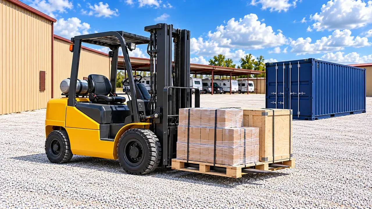 Illustrative yellow forklift with palletized cartons and a shipping crate in a gravel storage yard beside a navy container