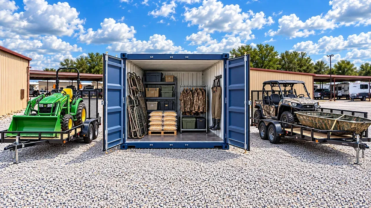 Illustrative hunting setup with tractor and UTV trailers, a camo pirogue and an open container holding stands, bagged corn, hunting clothes and waders