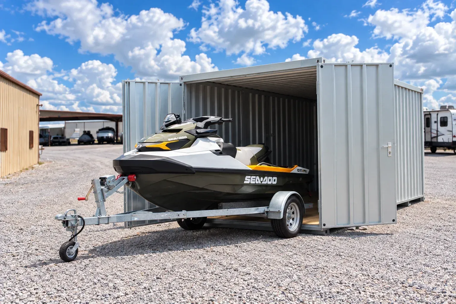 Illustrative composite of a jet ski on its trailer at an open container in the Wildman Warehouse gravel yard