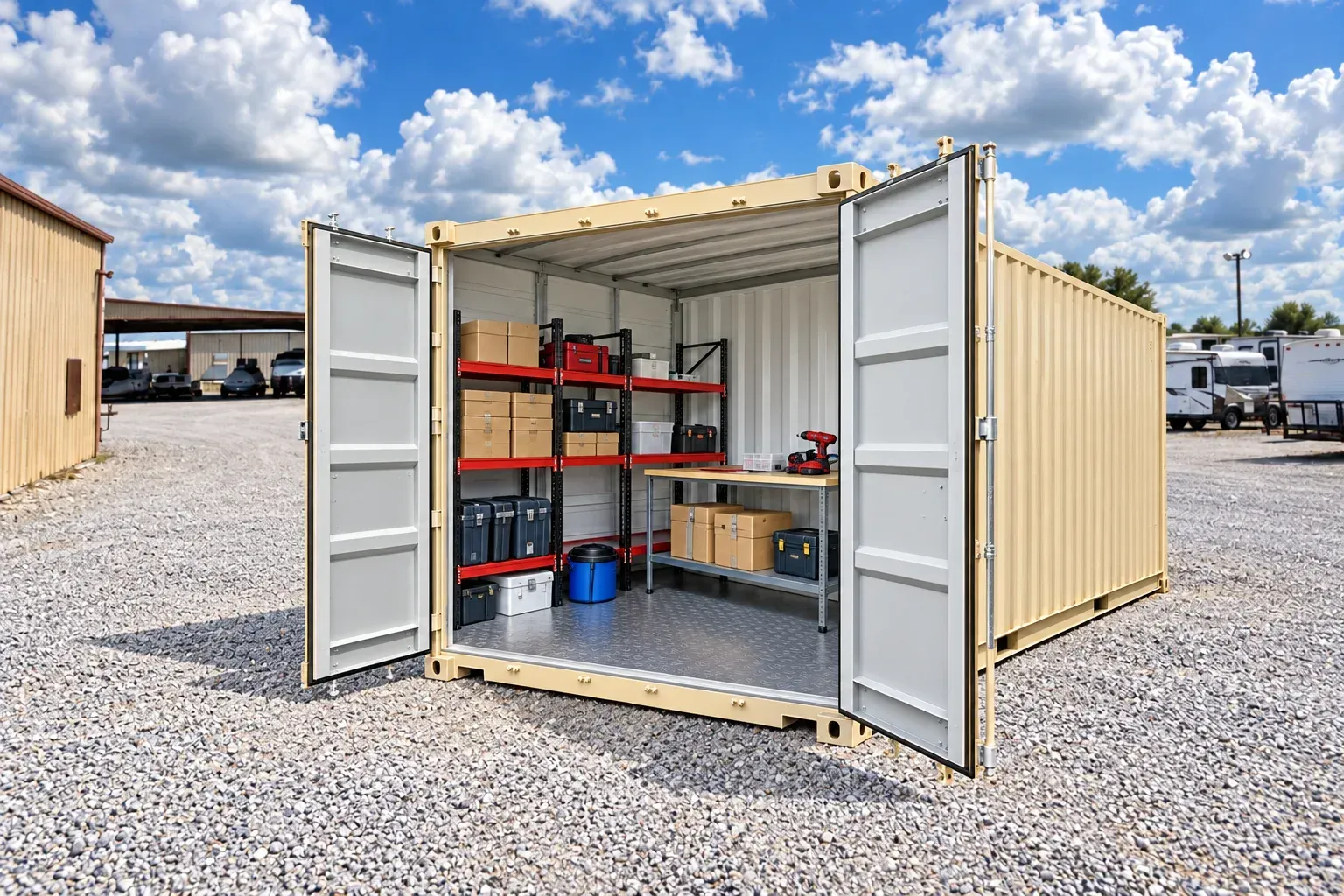 Illustrative composite of shelves, tools and boxed supplies inside an open container in the Wildman Warehouse gravel yard