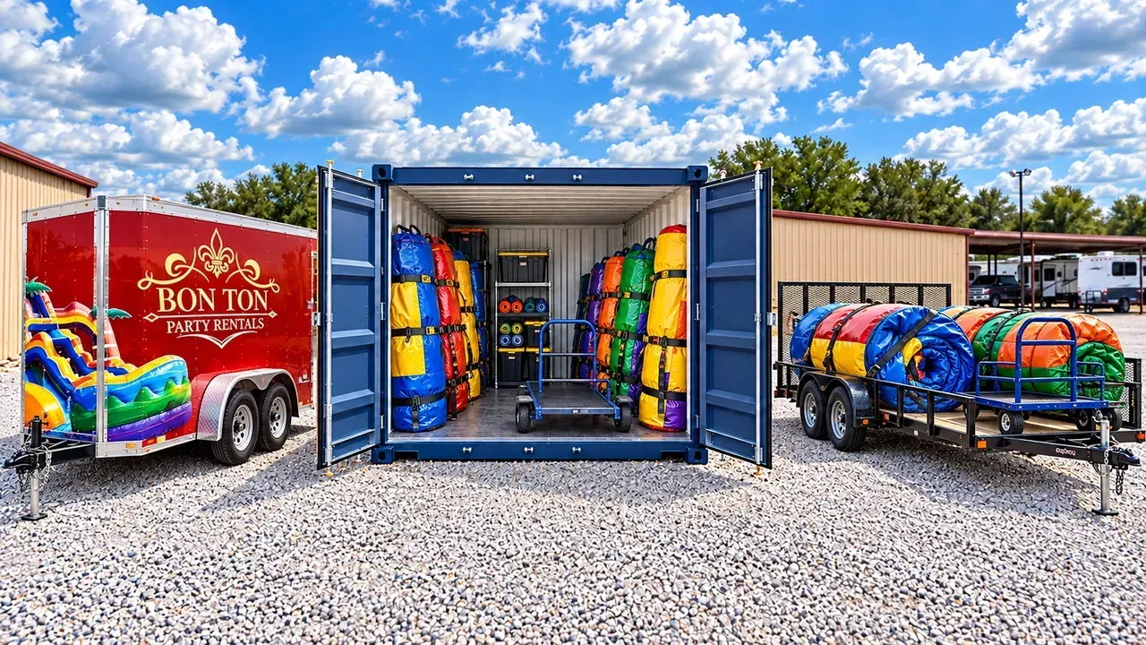 Illustrative party-rental setup with a Bon Ton Party Rentals enclosed trailer, rolled commercial inflatables and moving dollies in an open blue container, and a utility trailer loaded for an event