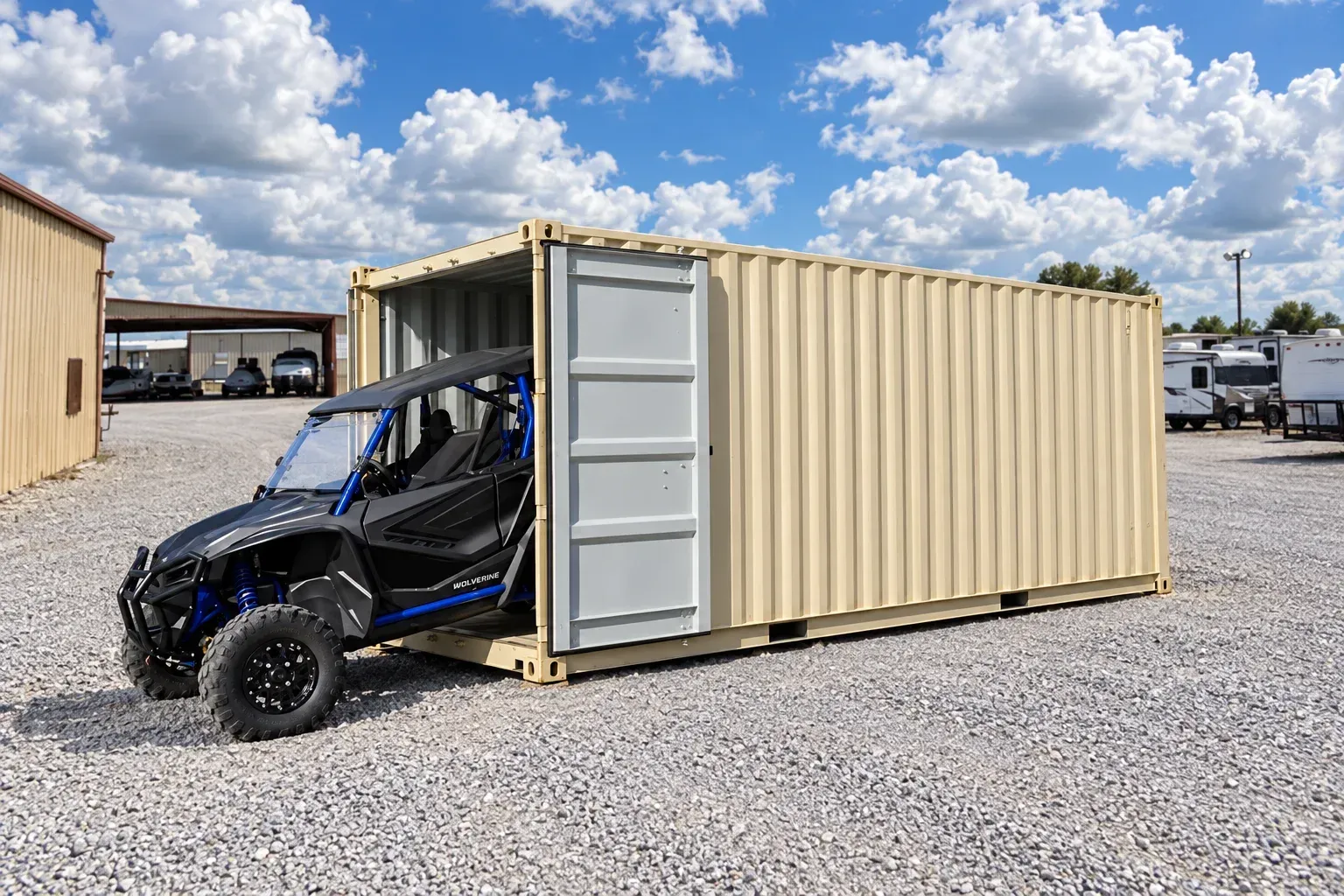 Illustrative composite of one blue and black side-by-side at a container doorway in the Wildman Warehouse gravel yard