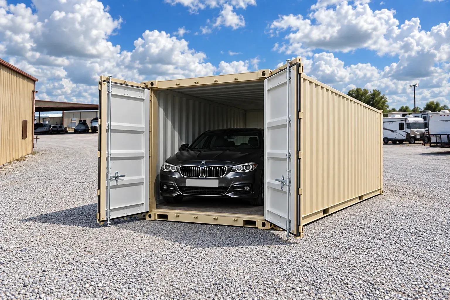 Illustrative composite of a sedan stored inside an open container in the Wildman Warehouse gravel yard