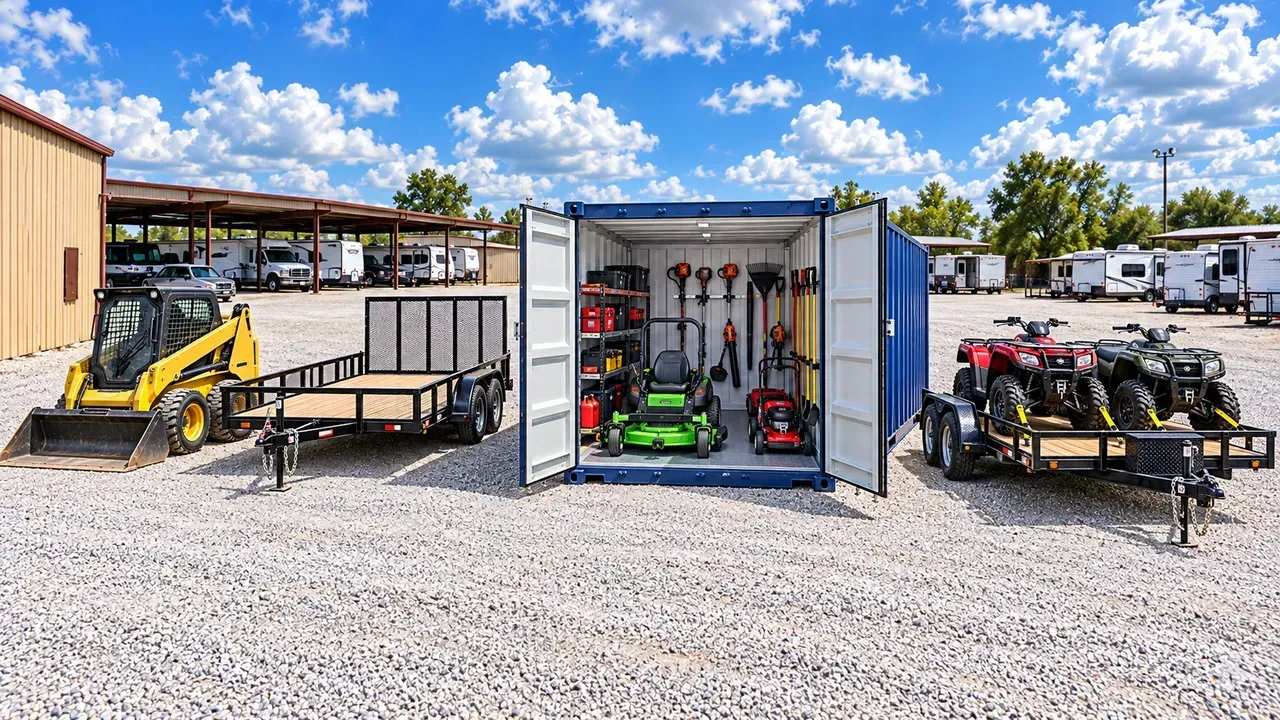 Illustrative storage setup with an open container of landscaping equipment, a utility trailer, skid steer and an ATV trailer