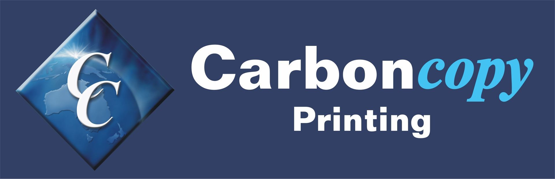 Carboncopy Printing logo with blue diamond emblem and white text on a dark blue background