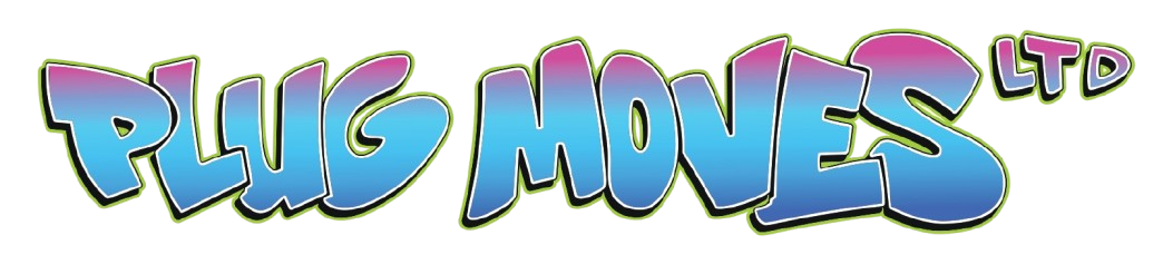 Colorful graffiti-style logo reading “PLUG MOVES LTD” in blue, pink, and yellow with black outline