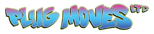 Colorful graffiti-style logo reading “PLUG MOVES LTD” in blue, pink, and yellow with black outline
