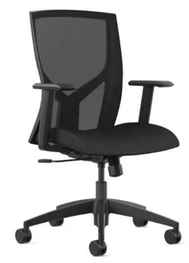 Black mesh-backed office chair with adjustable armrests, seat, and wheels on a white background.