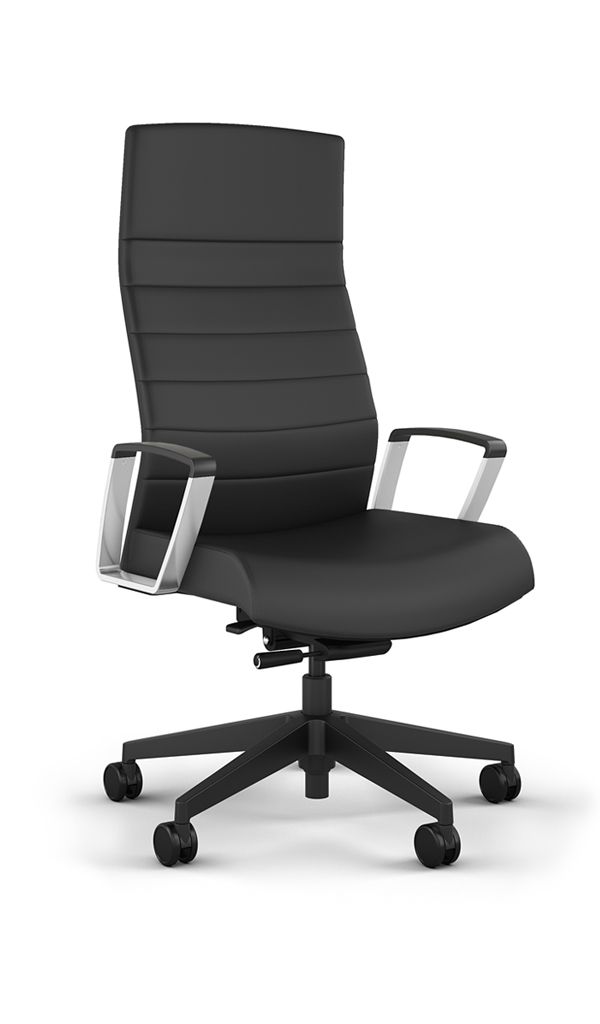 Black office chair with a high back, silver armrests, and a five-wheel base.