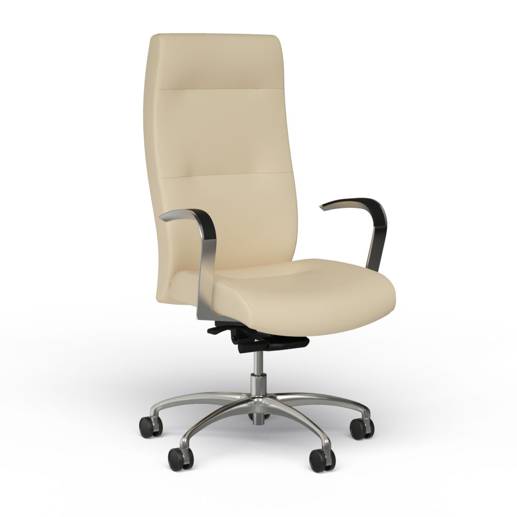 Cream-colored high-back office chair with silver base and armrests, on a white background.