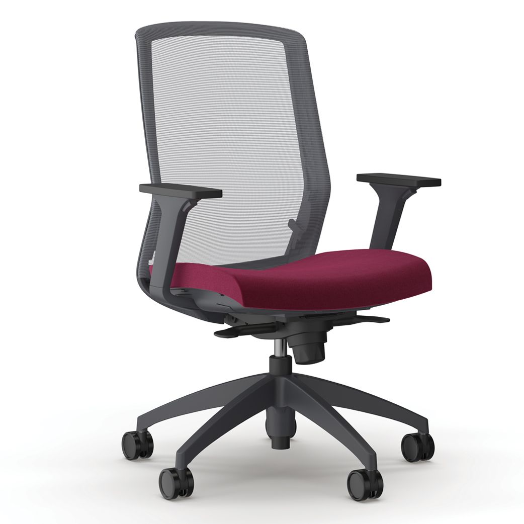 Mesh-back office chair with a burgundy seat and dark gray frame.