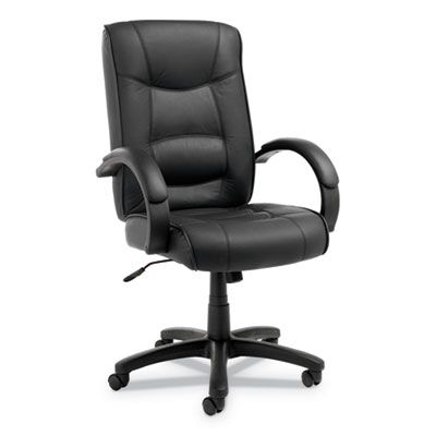 Black leather office chair with armrests and rolling base.