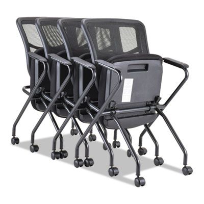 Four black mesh back folding chairs with armrests and casters, stacked.
