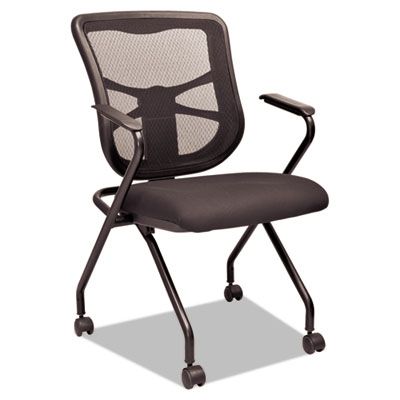 Black mesh-back office chair with padded seat, arms, and rolling wheels.