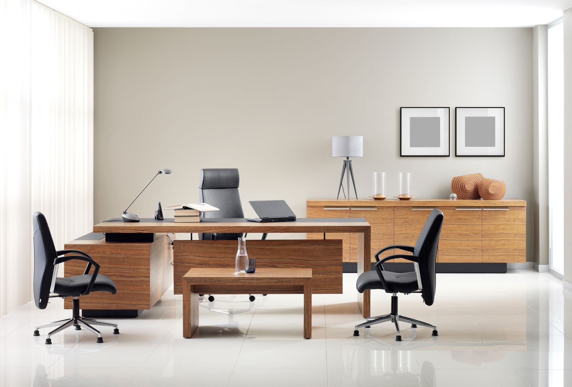 epicting a modern, minimalist office interior designed for professional work and meetings. Two desks