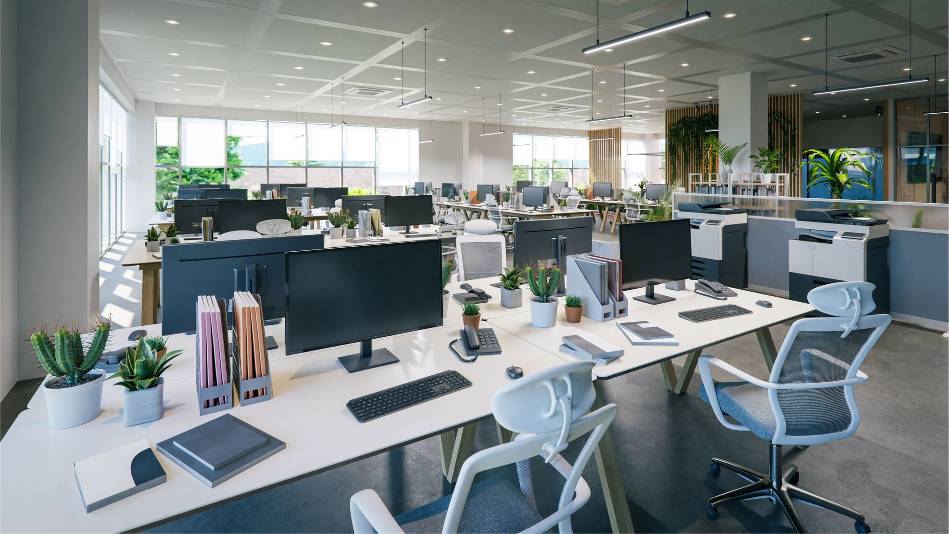 Office furniture store showroom with desks and ergonomic office chairs