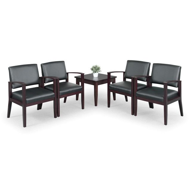 Four black upholstered chairs with wood arms and a small square table.