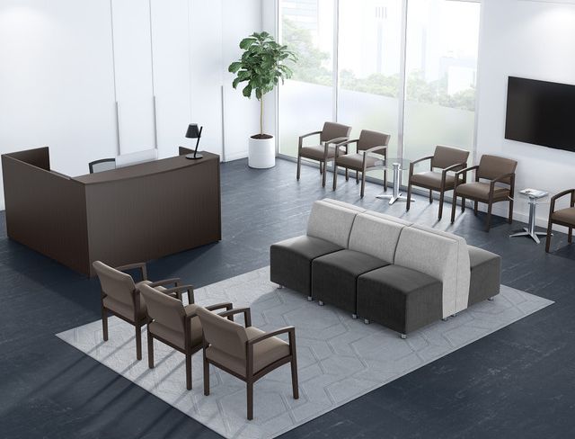 Modern office reception area with chairs, a reception desk, and a large window.