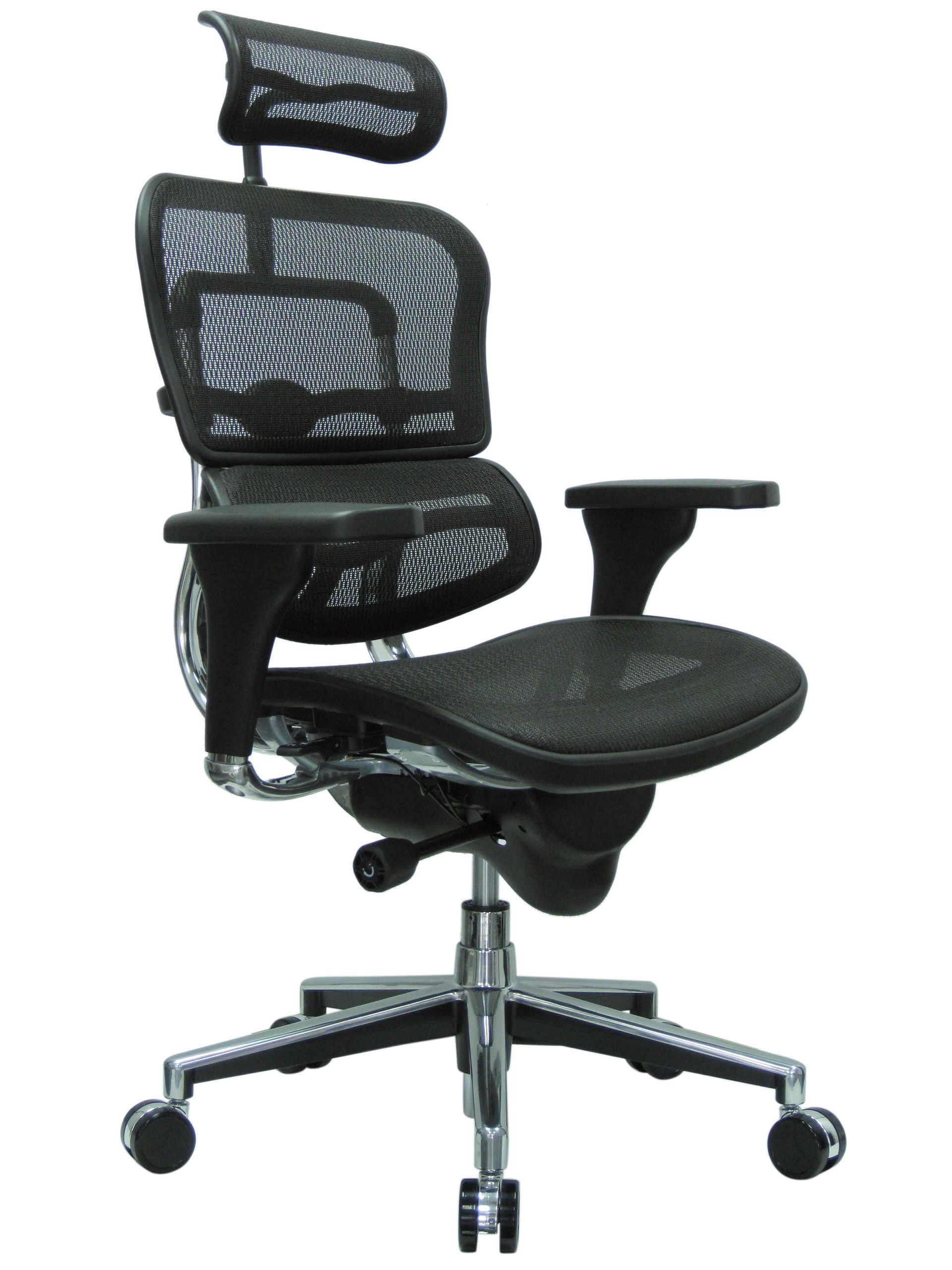 Black mesh ergonomic office chair with headrest and chrome base.