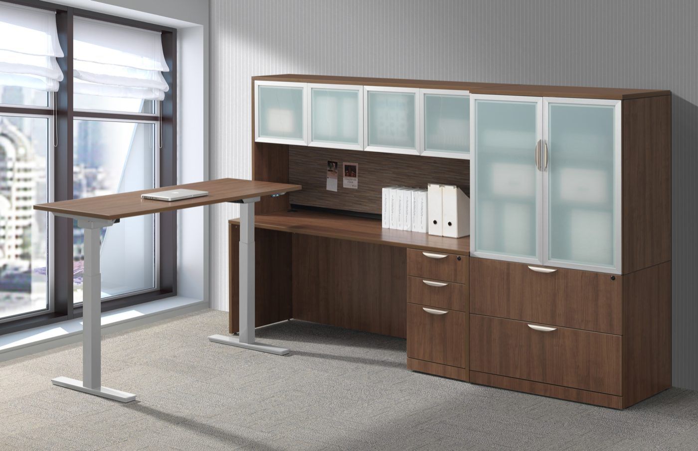 Office furniture set with a desk, cabinets, and a window. Brown and white tones.